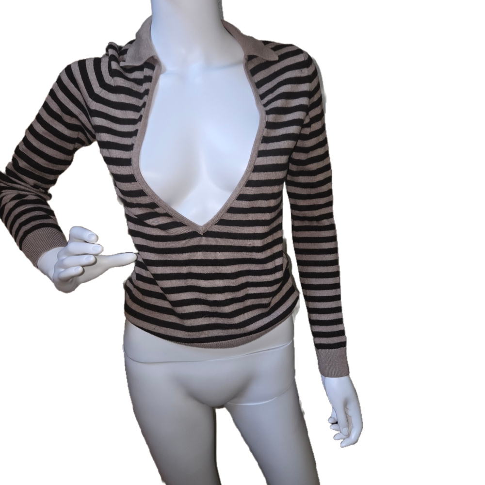 Esprit Black and Tan Striped Deep V-Neck Sweater